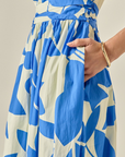 Blue/White Ruched Midi Dress