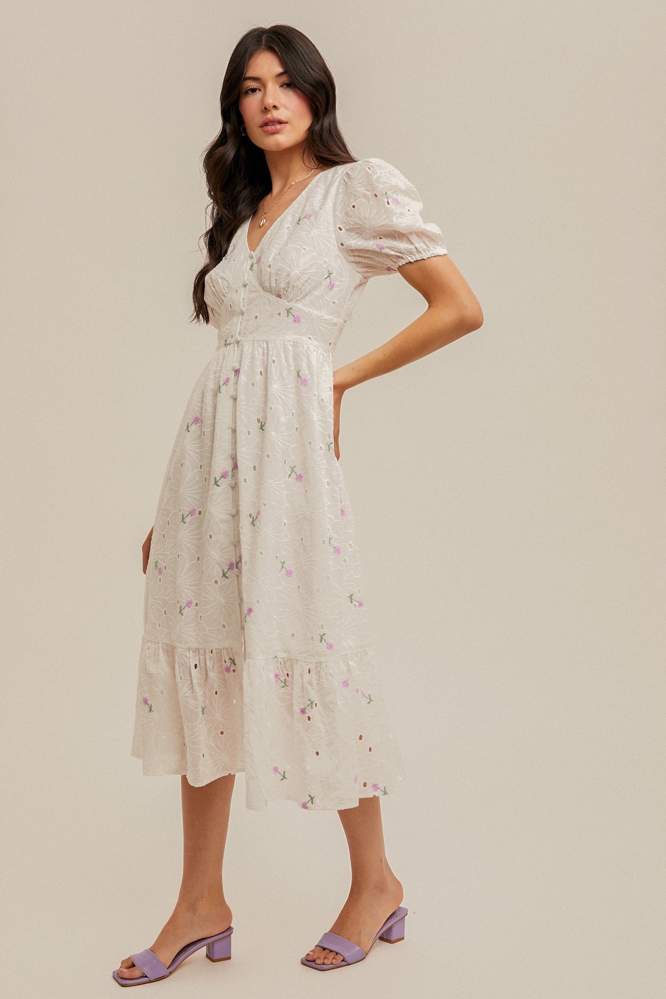 Pink Eyelet Midi Dress