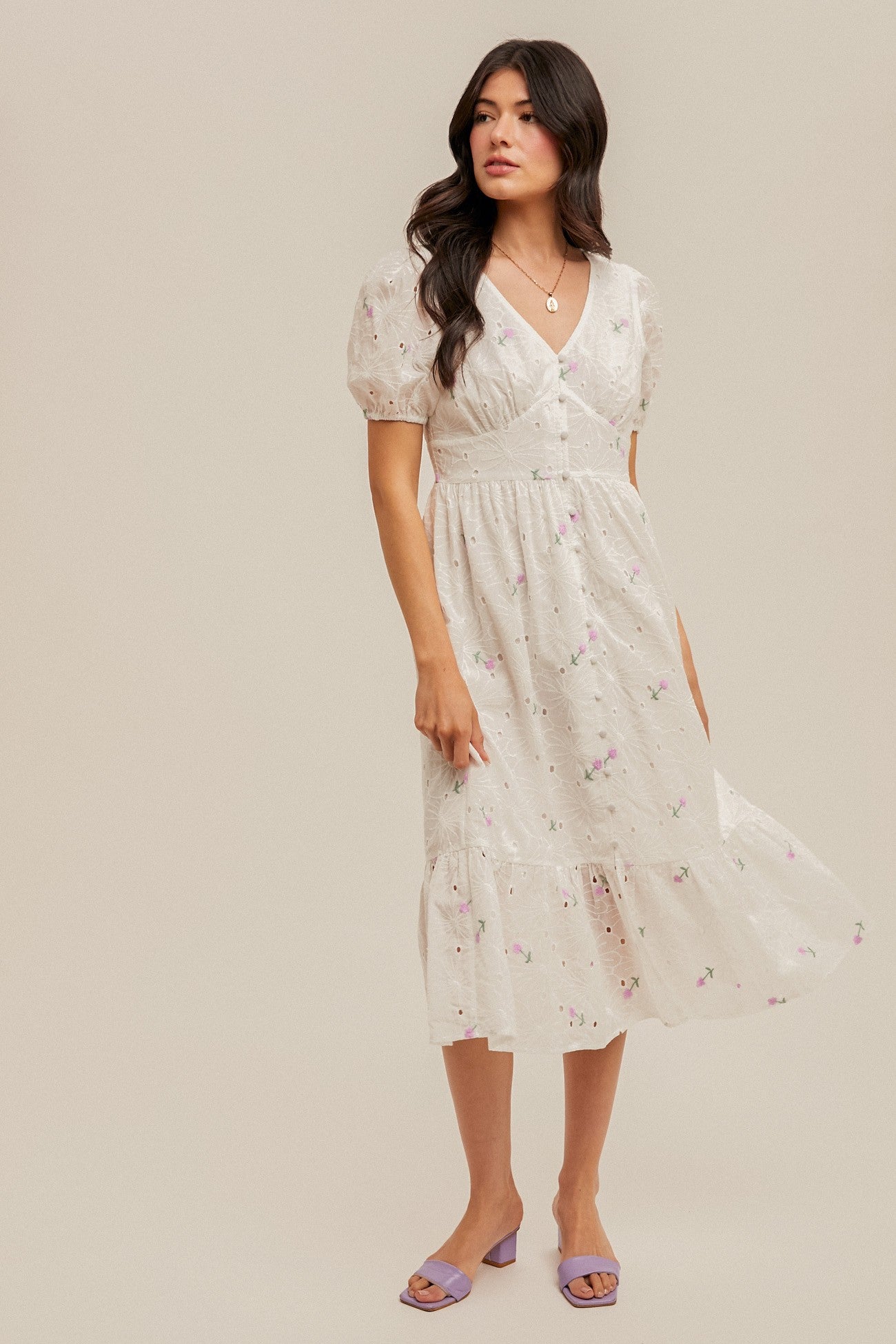 Pink Eyelet Midi Dress