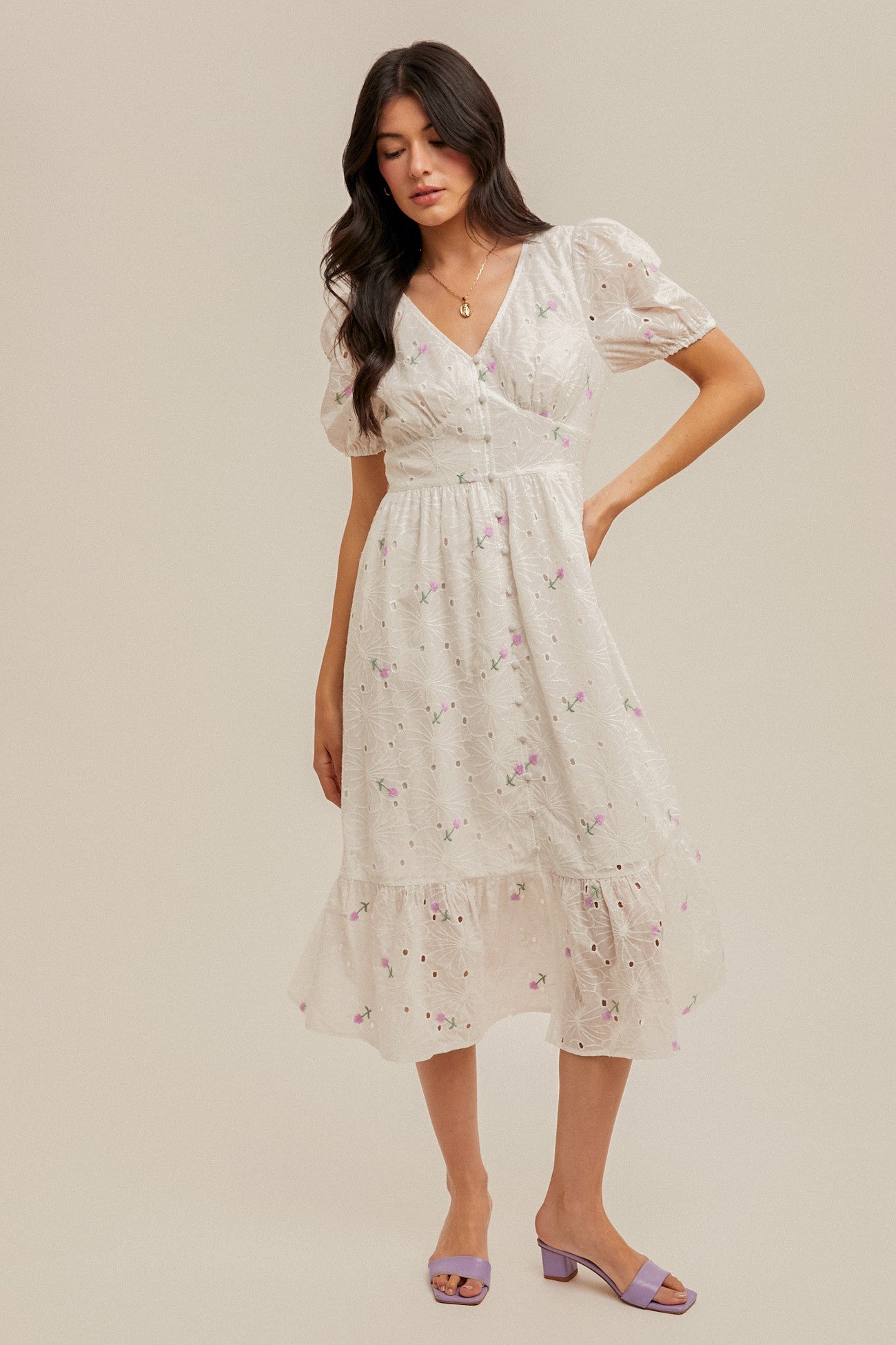 Pink Eyelet Midi Dress
