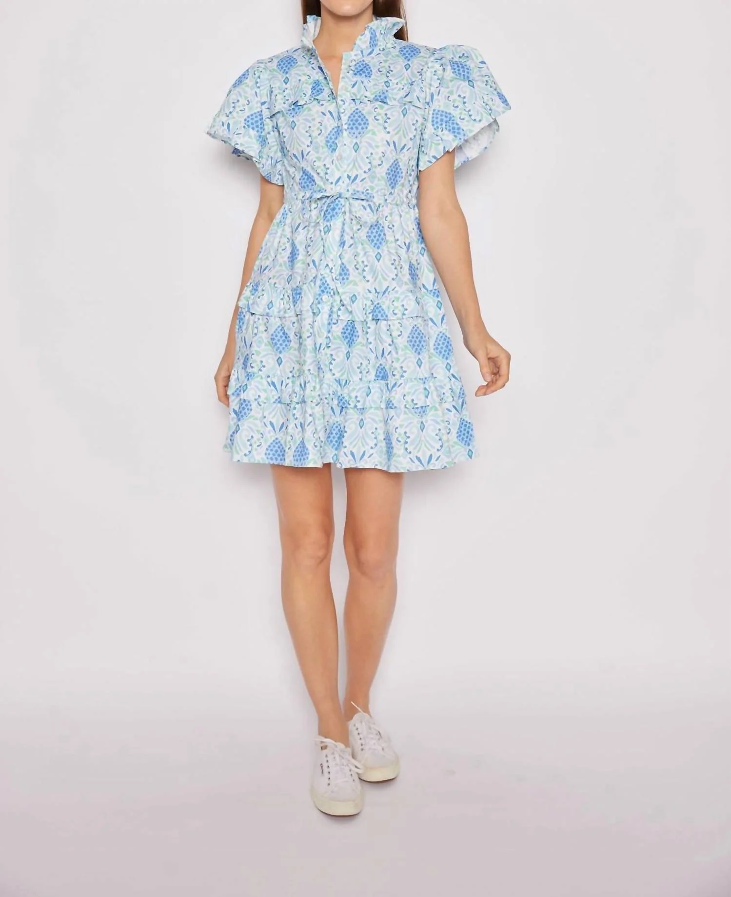 Sail to sable tie waist shirt dress with a fun pineapple ikat block print