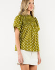 THML green floral pleated neck blouse with subtle sleeves
