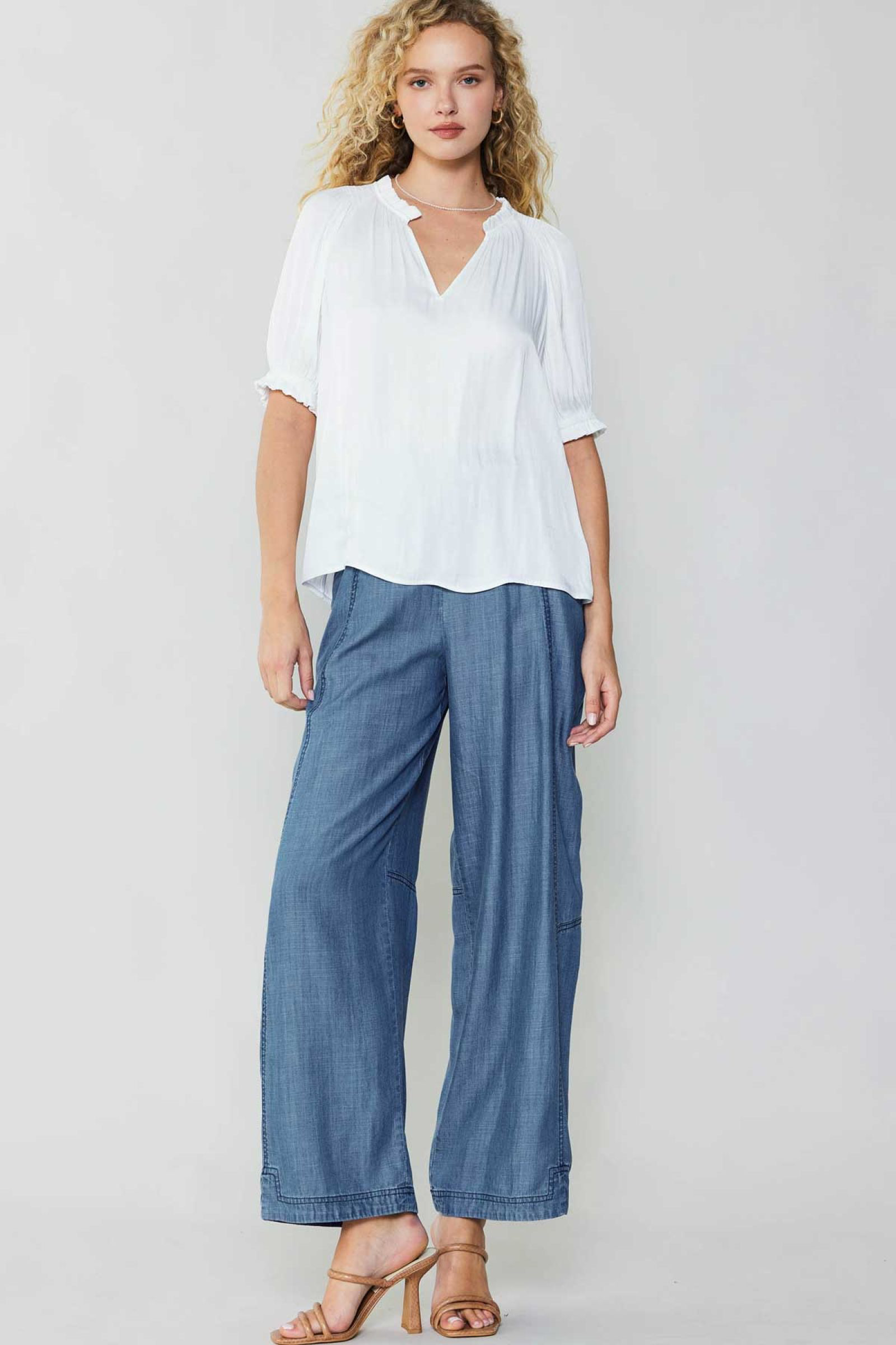 V-Neck Smocked Shoulder Blouse