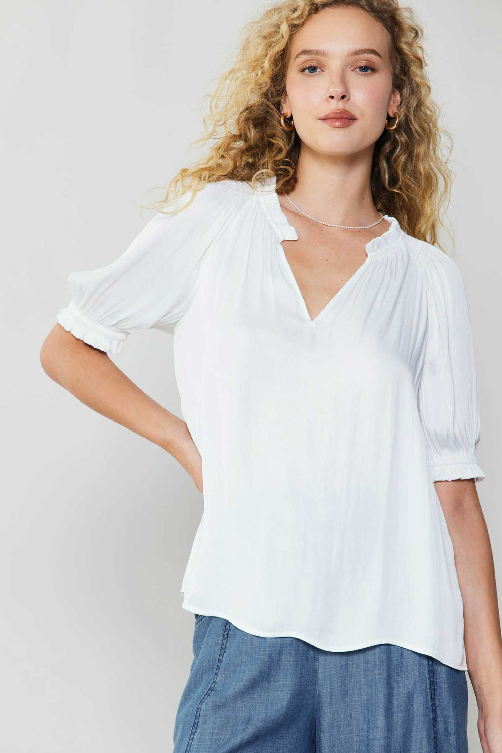 V-Neck Smocked Shoulder Blouse