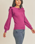Shoulder Ruffle Crew Neck Sweater