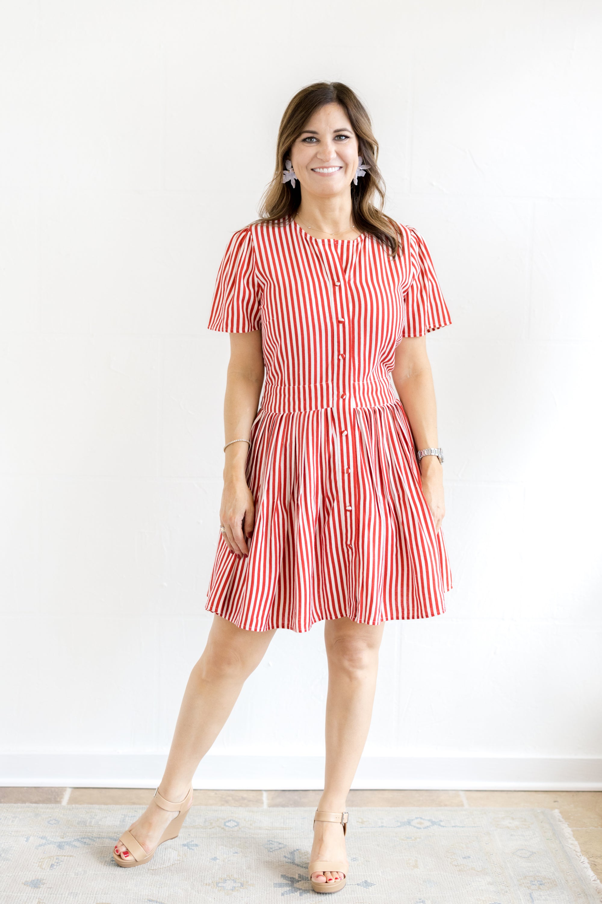 Button Front Cinched Dress Red/White