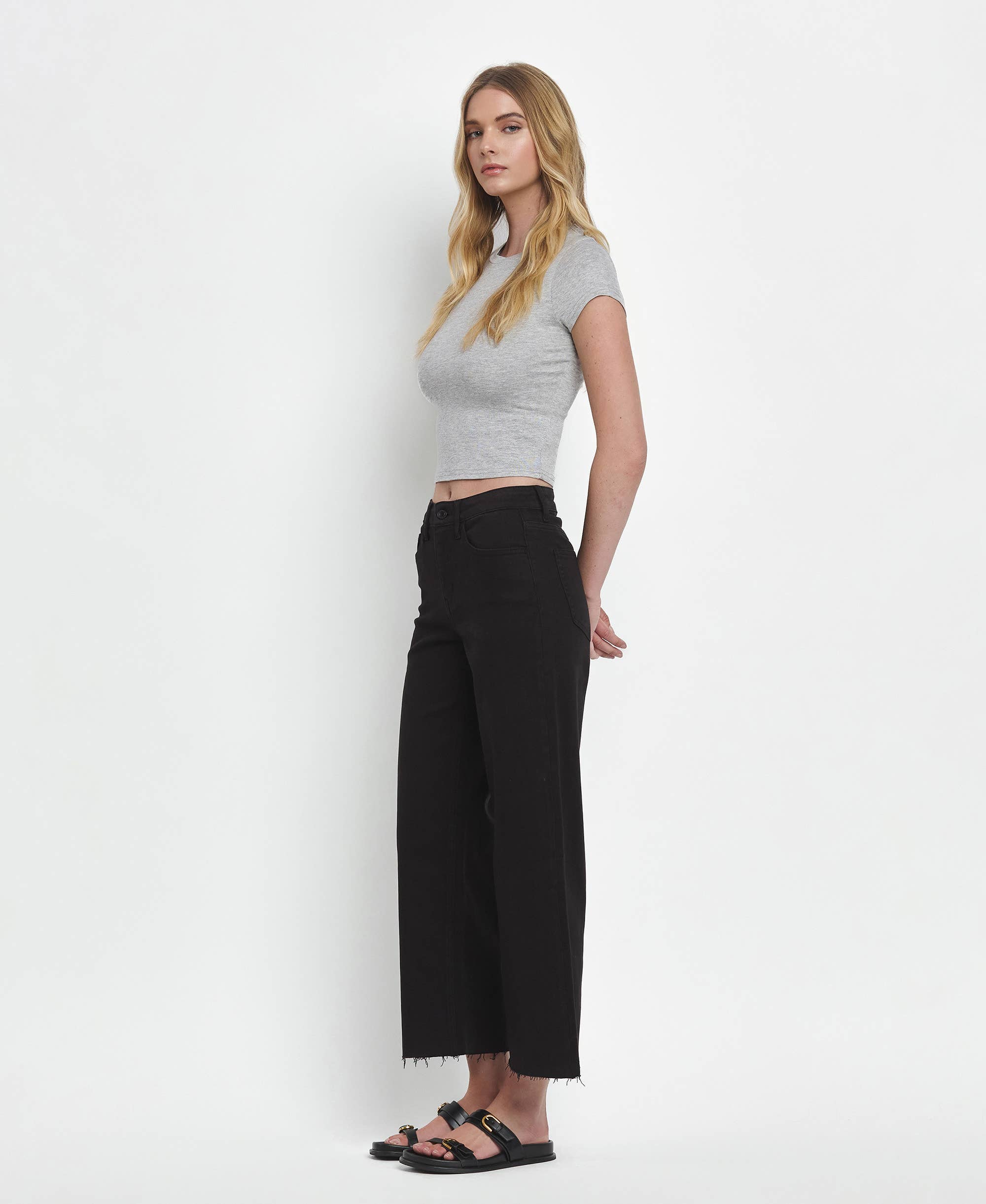 high rise wide leg frayed bottom denim jeans