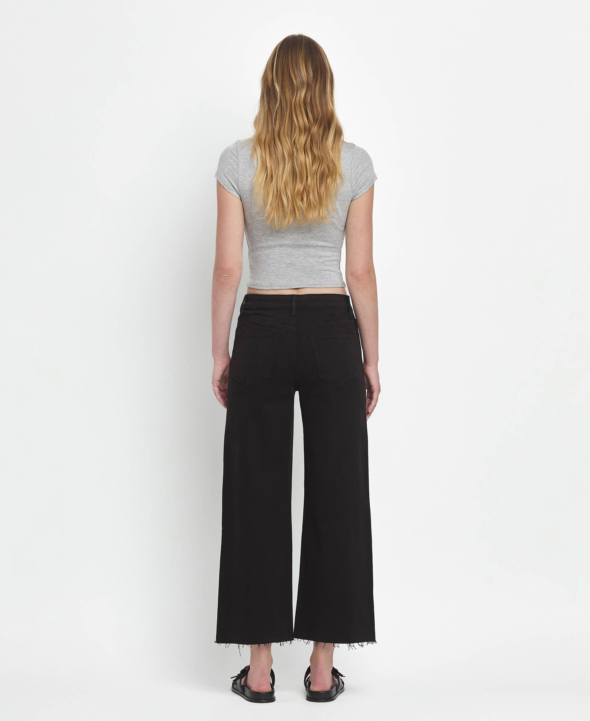 high rise wide leg frayed bottom denim jeans