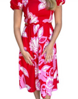 Printed Puff Slv Midi Dress Red