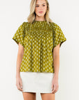 THML green floral pleated neck blouse with subtle sleeves