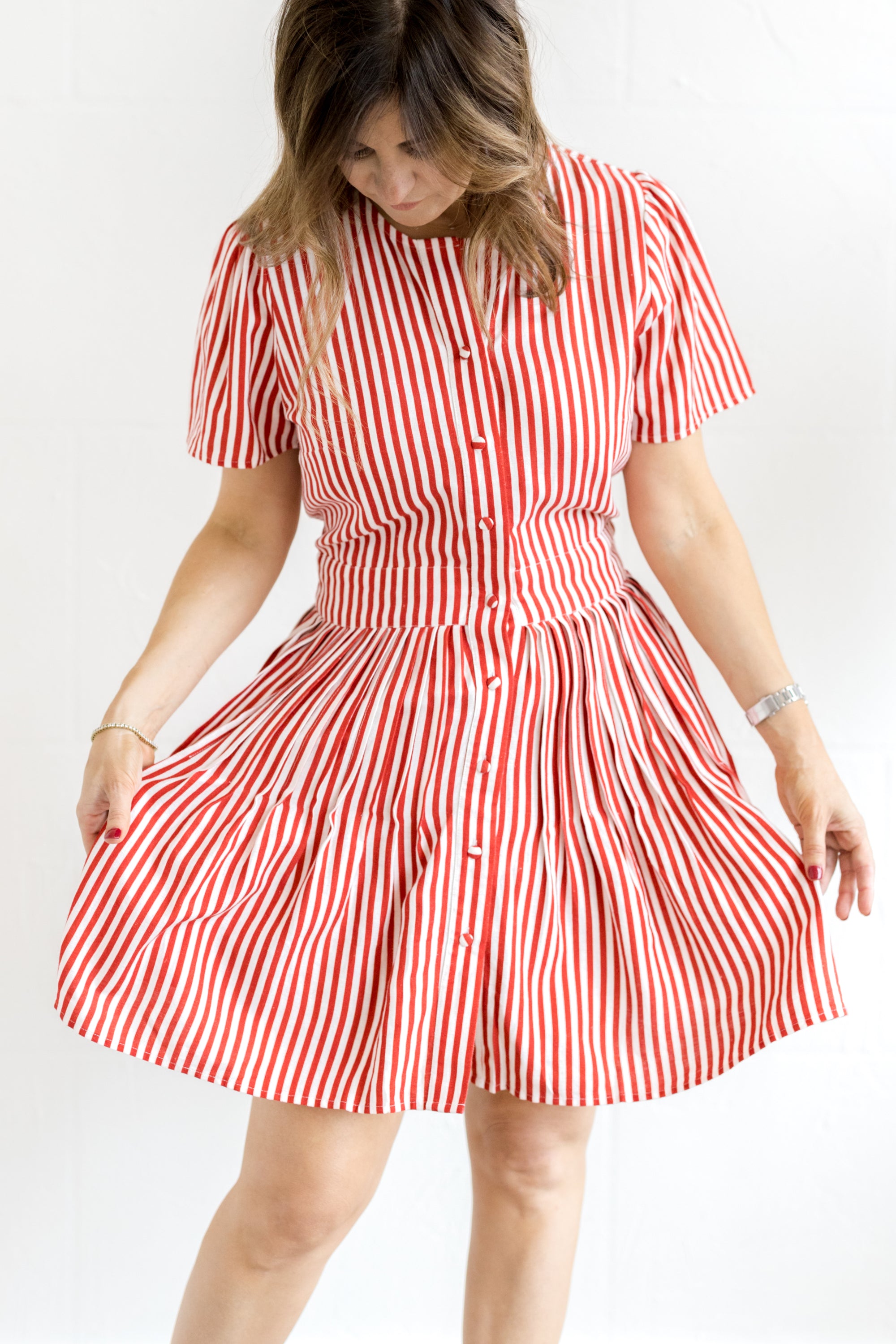 Button Front Cinched Dress Red/White