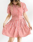 Button Front Cinched Dress Red/White