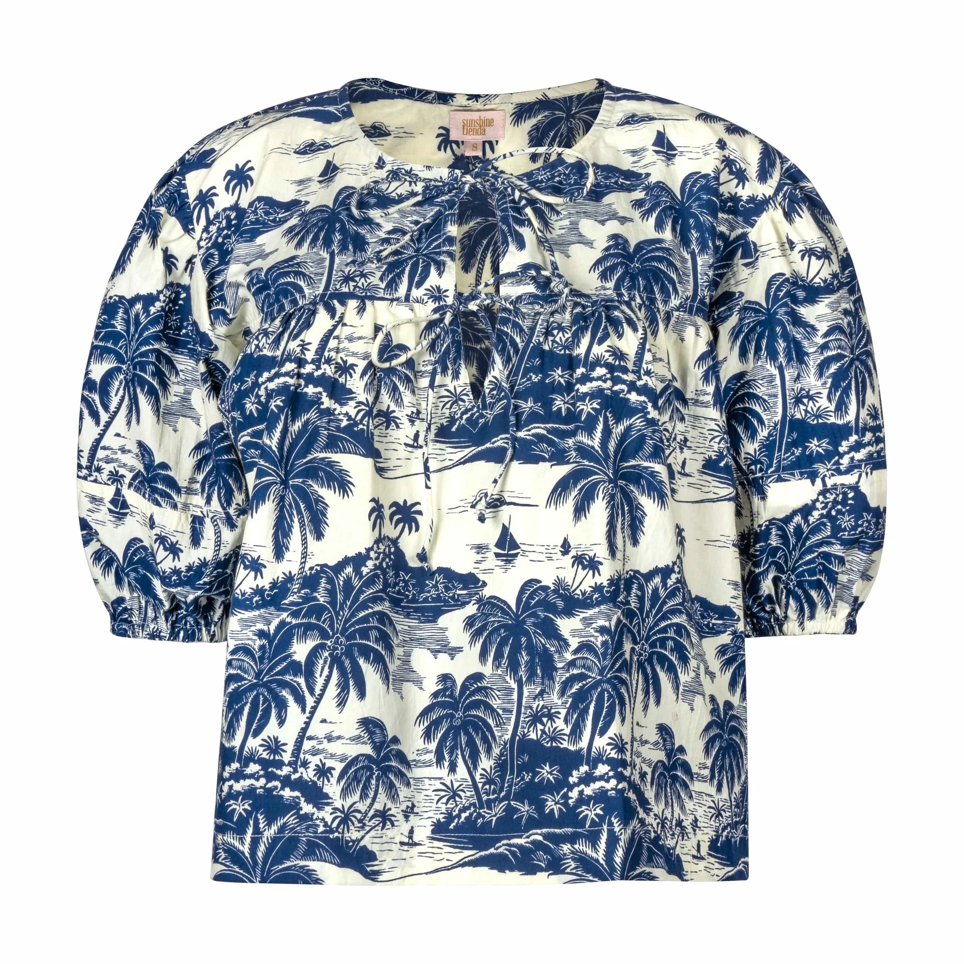 blue and white tropical short sleeve bouse with tie front