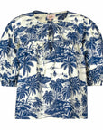 blue and white tropical short sleeve bouse with tie front