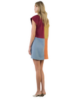 Colorblocked 4 panel suede dress in blue Maroon orange and chartreuse