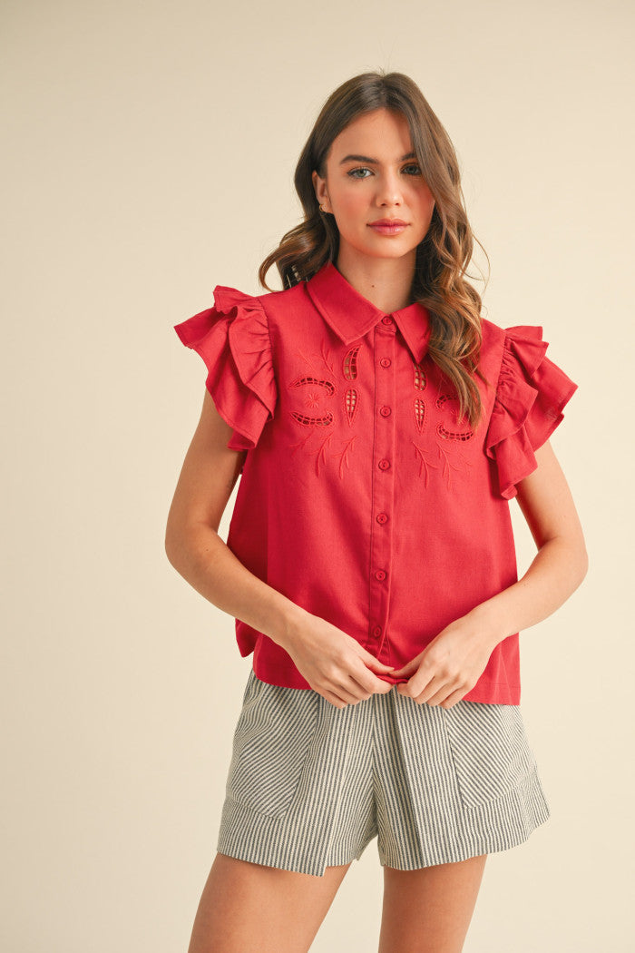 Cherry red bottom up short sleeve top with ruffle sleeves and a collar neck
