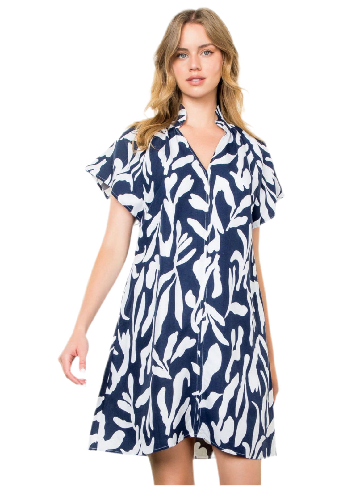 Navy & White Print SS Dress