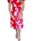 Printed Puff Slv Midi Dress Red