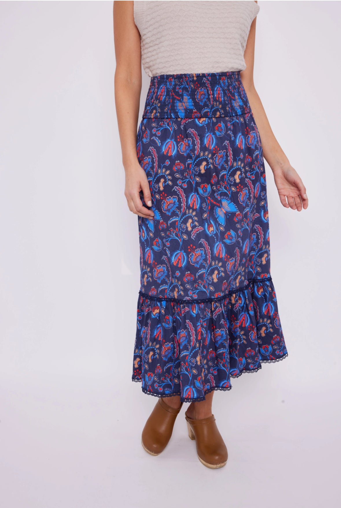 smocked waist pull on blue floral midi skirt