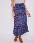 smocked waist pull on blue floral midi skirt