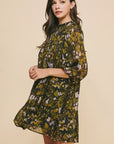 floral pintuck 3/4 length sleeves mini dress