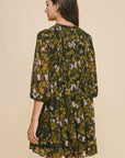 floral pintuck 3/4 length sleeves mini dress