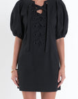 Laced Up Puffed Sleeve Mini Dress