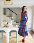smocked waist pull on blue floral midi skirt