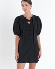 Laced Up Puffed Sleeve Mini Dress
