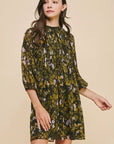 floral pintuck 3/4 length sleeves mini dress