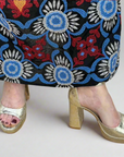 embroidered maxi festive resort skirt gold shoes