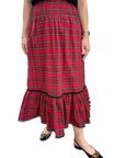 smocked waist pull on red tartan midi skirt