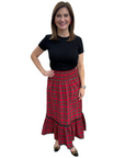 smocked waist pull on red tartan midi skirt