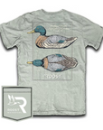 Light green t-shirt with a mallard duck design and Roost logo on a white background