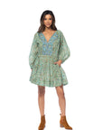 Blue and green v neck patterned long sleeve dress