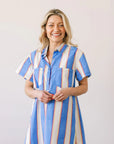 Striped white blue and red mini dress with buttons and front pockets