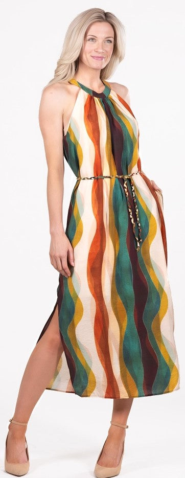Willa Story fall colored stripe dress with contrast rope belt, halter neck