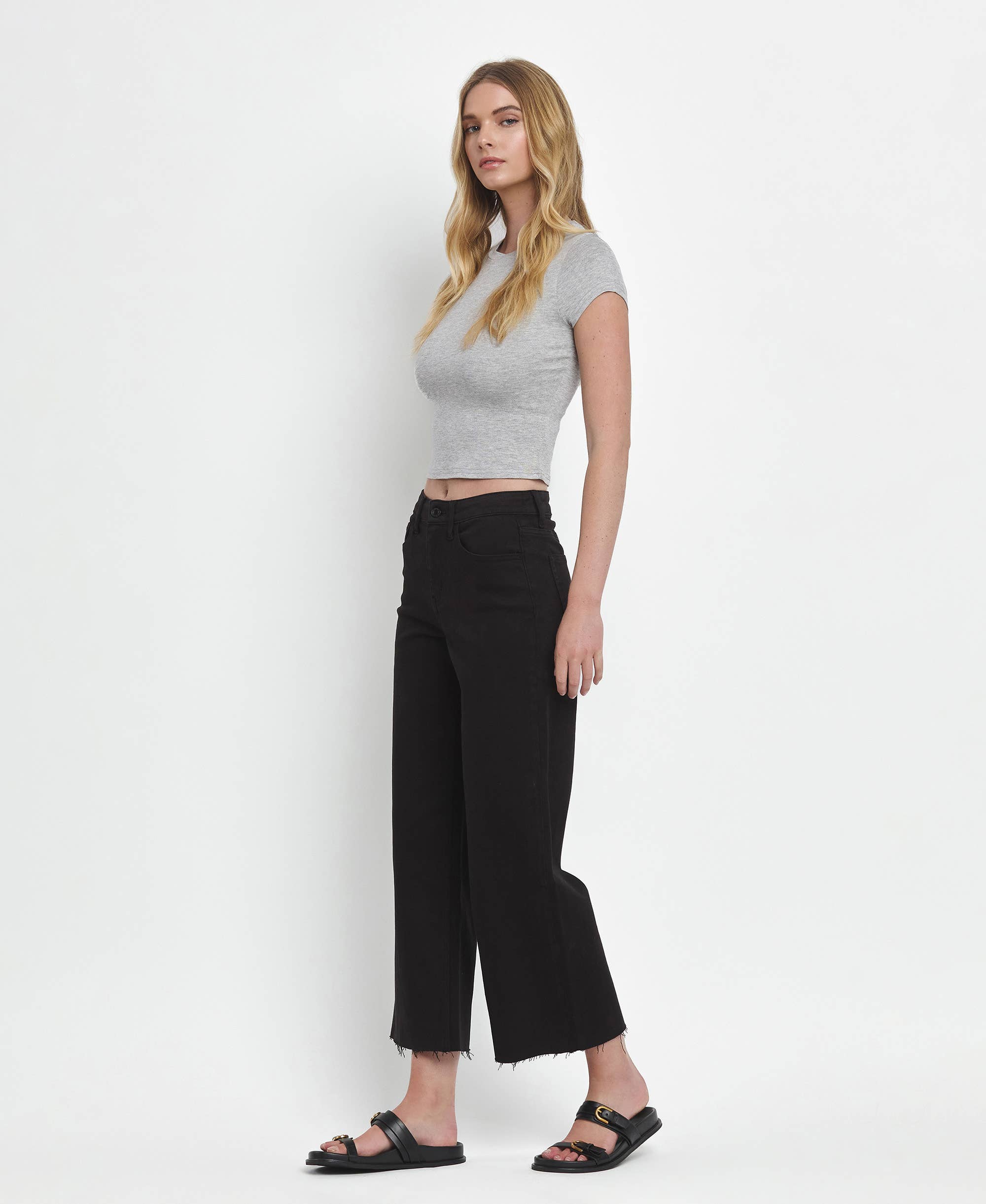 high rise wide leg frayed bottom denim jeans