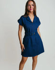 woman wearing denim navy dress perfect for 4th of july