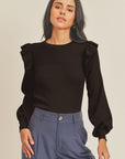 Shoulder Ruffle Crew Neck Sweater