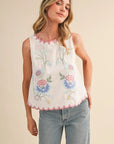 White Floral Embroidery Tank