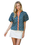 Puff Sleeve Floral Detailed V - Neck Top - Chatsworth Boutique