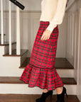 smocked waist pull on red tartan midi skirt