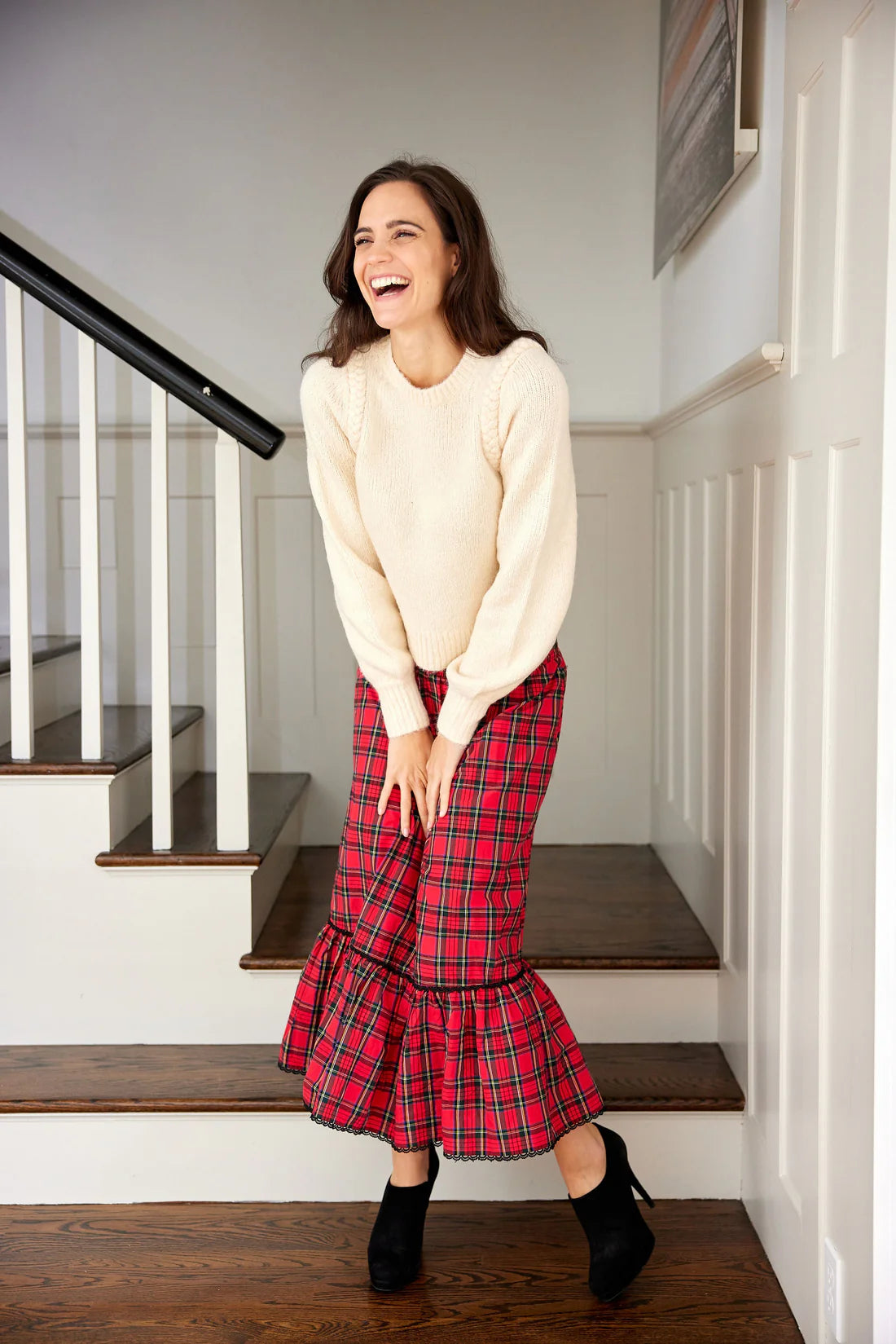 smocked waist pull on red tartan midi skirt