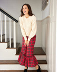 smocked waist pull on red tartan midi skirt