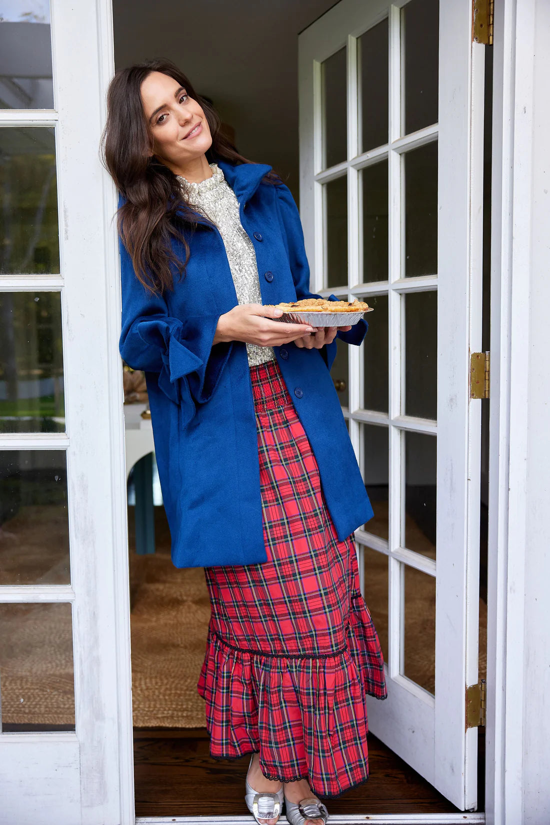 smocked waist pull on red tartan midi skirt