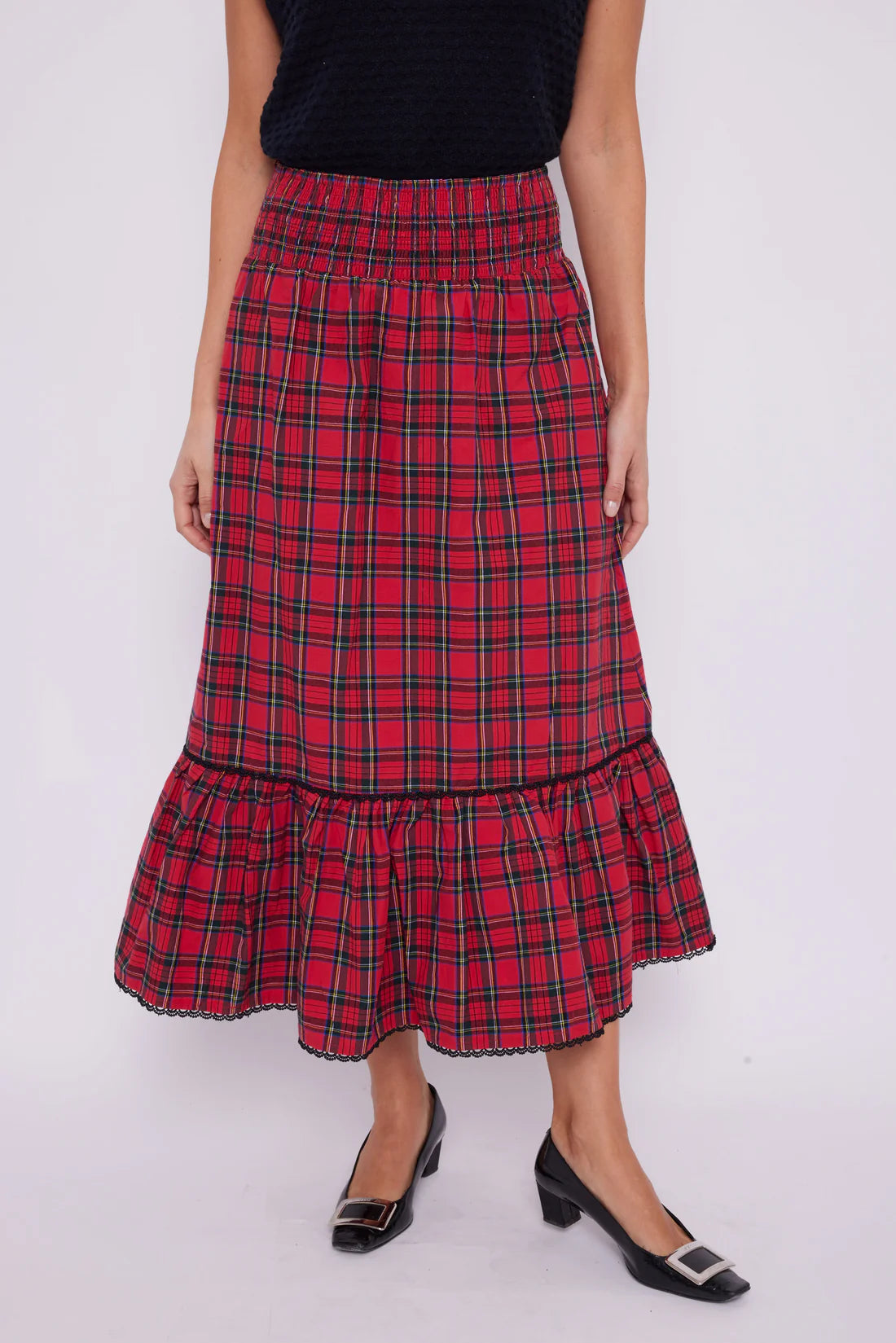 smocked waist pull on red tartan midi skirt
