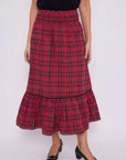 smocked waist pull on red tartan midi skirt