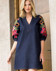Embroidered Sleeve Denim Dress