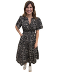 short sleeve split neck smocked waist midi dress